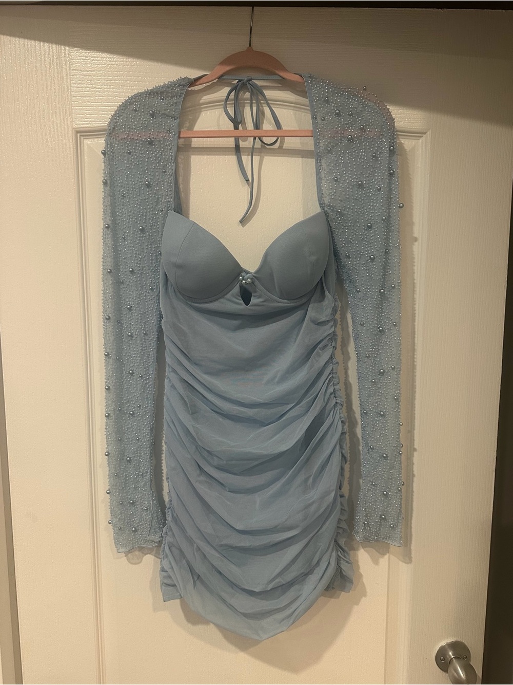 Oh Polly St Germaine Light Blue Ruched Mini Dress with Beaded Sleeves Size 8